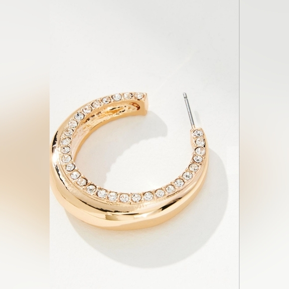 ANTHROPOLOGIE, Pave Open Hoop Earrings, Gold Tone- NEW! - Picture 2 of 5